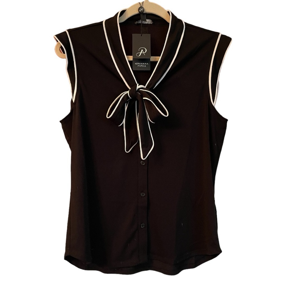 NWT Adrianna Papell Black Tipped With Ivory Tie Neck Button Up Blouse Size Small